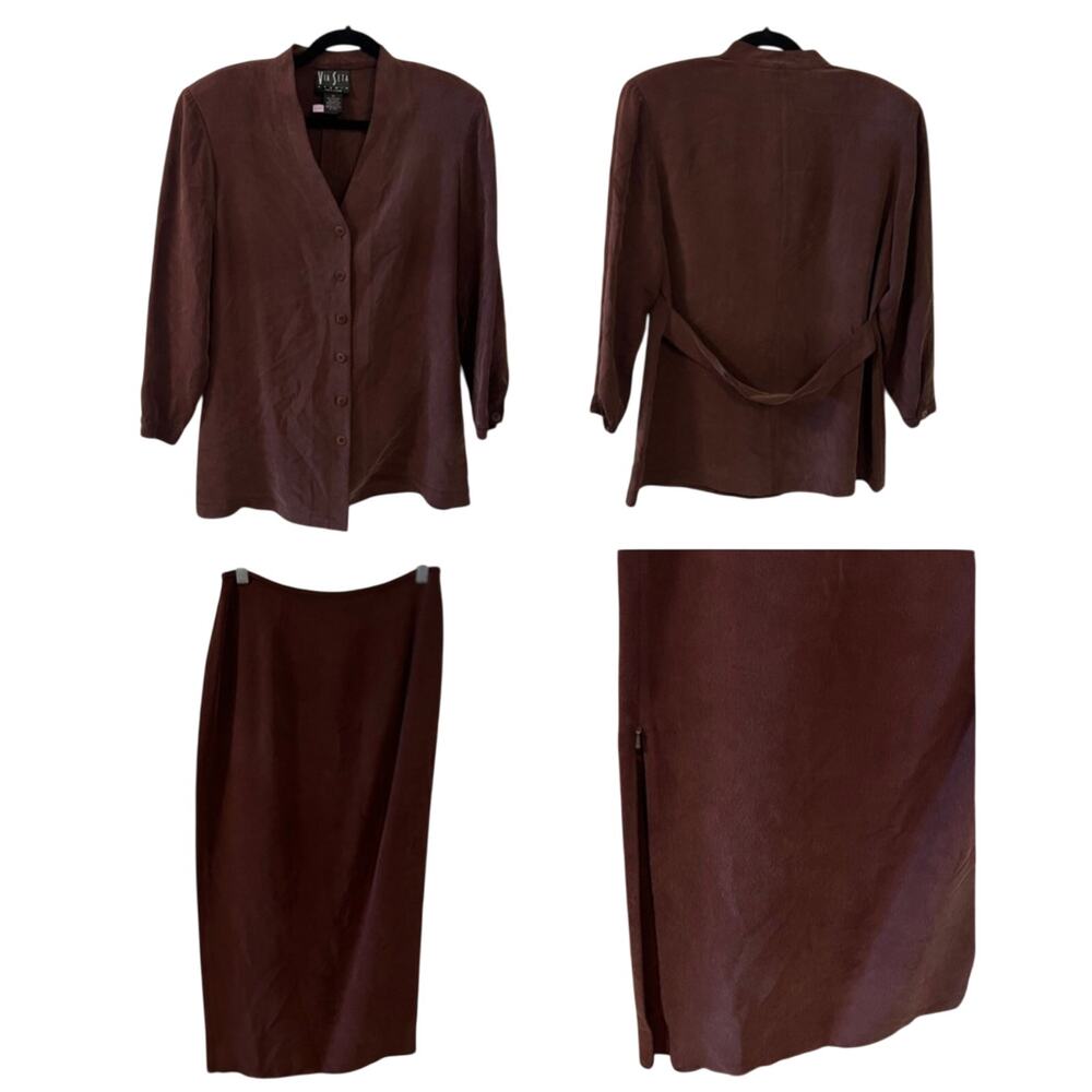 Via Seta Studios Petite 100% Silk Skirt Suit Brown Size 12
